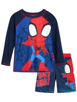 Avengers Boys Rash Guard Set Spider-Man and Captain America Kids UPF 50  Swim Shirt and Trunks for Boys (3T-12)