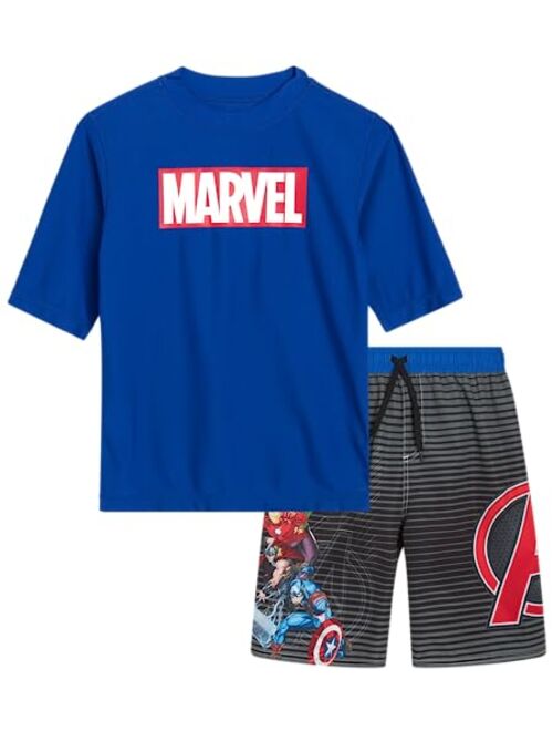 Marvel Avengers Boys Rash Guard Set Spider-Man and Captain America Kids UPF 50+ Swim Shirt and Trunks for Boys (3T-12)