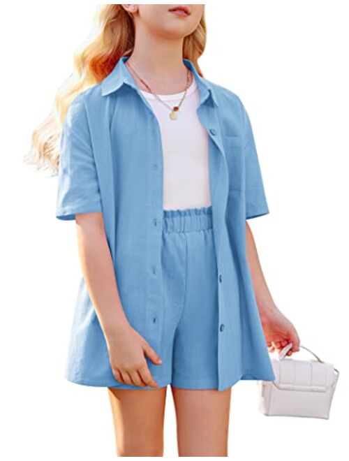 Flypigs Girls 2 Piece Outfits Cotton Linen Set Button Down Short Sleeve Collared Shirt and Casual Shorts Set