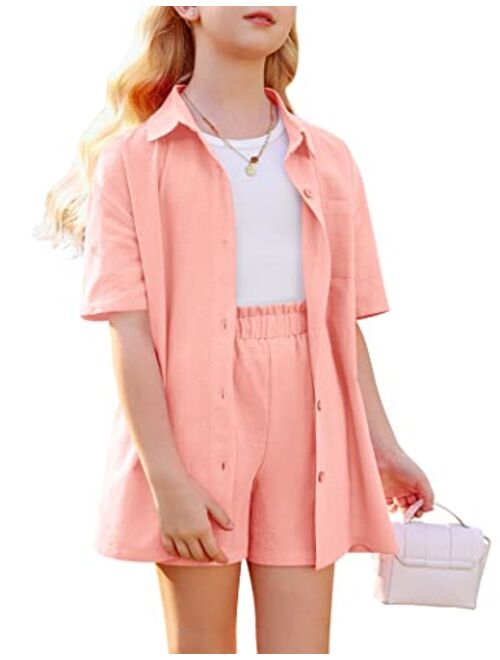 Flypigs Girls 2 Piece Outfits Cotton Linen Set Button Down Short Sleeve Collared Shirt and Casual Shorts Set