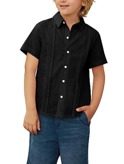 Hestenve Kid Boys Button Down Cotton Linen Shirt Casual Summer Short Sleeve Dress Shirt