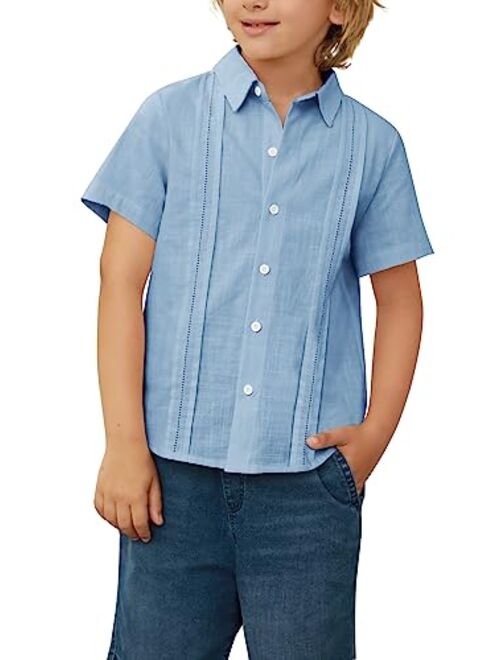 Hestenve Kid Boys Button Down Cotton Linen Shirt Casual Summer Short Sleeve Dress Shirt