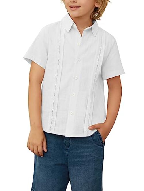 Hestenve Kid Boys Button Down Cotton Linen Shirt Casual Summer Short Sleeve Dress Shirt