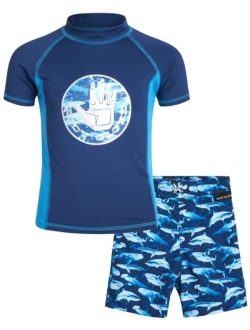 Boys Rash Guard Set UPF 50  Short Sleeve Swim Shirt and Bathing Suit Trunks Swimwear Set for Boys (4-12)