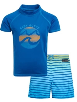 Boys Rash Guard Set UPF 50  Short Sleeve Swim Shirt and Bathing Suit Trunks Swimwear Set for Boys (4-12)