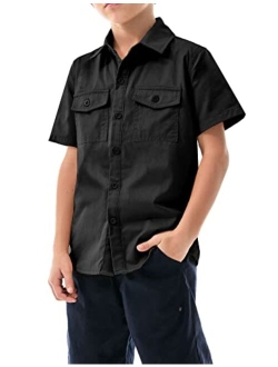 Boys' Short Sleeve Button Down Woven Shirts Formal Uniform Solid Dress Shirt with Two Pockets for 3-11 Years Kids