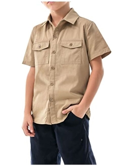 Boys' Short Sleeve Button Down Woven Shirts Formal Uniform Solid Dress Shirt with Two Pockets for 3-11 Years Kids