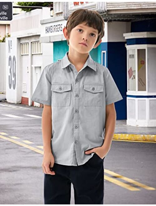 Arshiner Boys' Short Sleeve Button Down Woven Shirts Formal Uniform Solid Dress Shirt with Two Pockets for 3-11 Years Kids