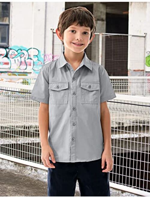 Arshiner Boys' Short Sleeve Button Down Woven Shirts Formal Uniform Solid Dress Shirt with Two Pockets for 3-11 Years Kids