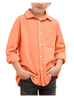 SySea Boy's Long Sleeve Button Down Dress Shirt Cotton Solid Uniform Shirts with Chest Pocket 5-14 Years