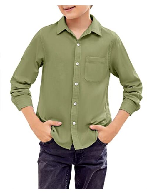 SySea Boy's Long Sleeve Button Down Dress Shirt Cotton Solid Uniform Shirts with Chest Pocket 5-14 Years