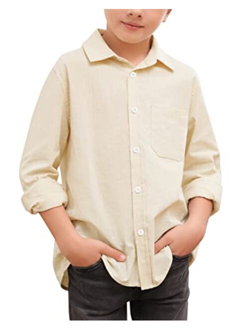 SySea Boy's Long Sleeve Button Down Dress Shirt Cotton Solid Uniform Shirts with Chest Pocket 5-14 Years