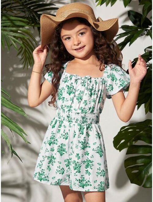 SHEIN Tween Girl Floral Print Square Neck Romper