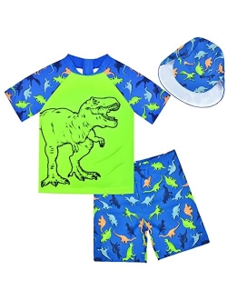 Pamaid Boys Two Piece Rash Guard Swimsuits Kids Short Sleeve Swimwear Sets Bathing Suit with Sun Hat for 2-6 Years