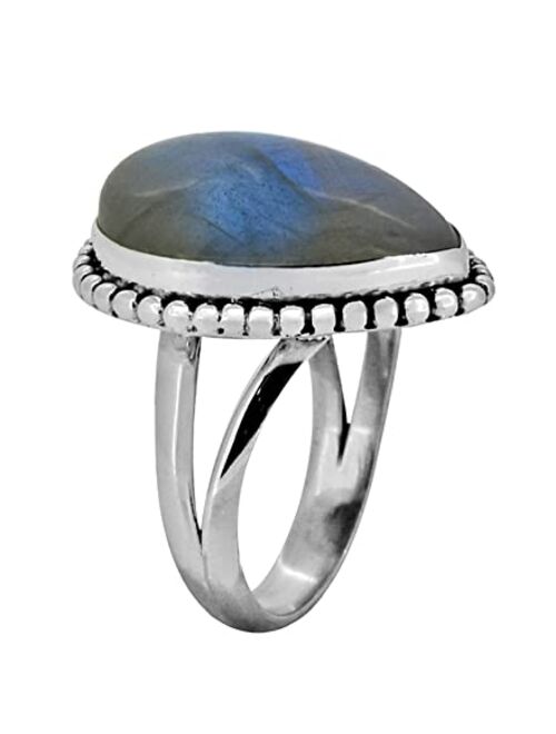 YoTreasure Natural Labradorite Statement Ring 925 Sterling Silver Gemstone Jewelry