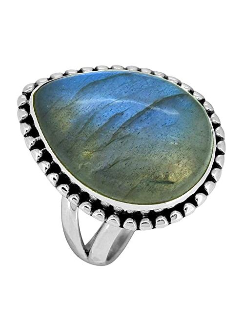 YoTreasure Natural Labradorite Statement Ring 925 Sterling Silver Gemstone Jewelry