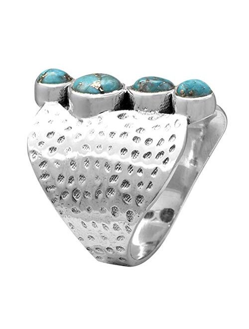 YoTreasure .925 Sterling Silver Blue Copper Turquoise Hammered Wide Band Boho Ring