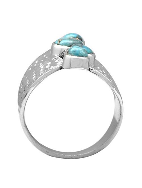 YoTreasure .925 Sterling Silver Blue Copper Turquoise Hammered Wide Band Boho Ring