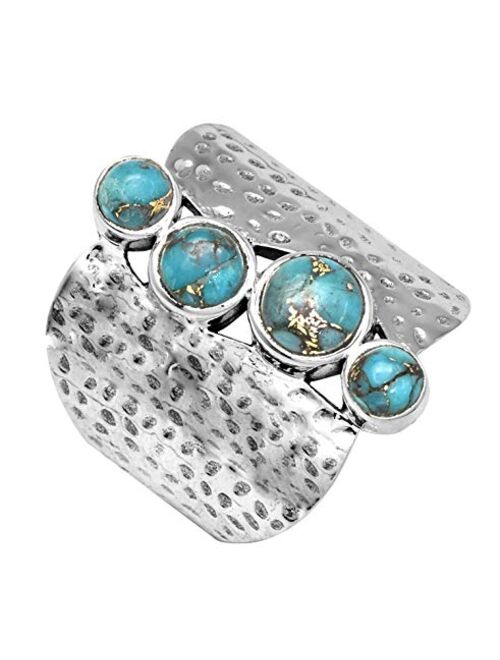 YoTreasure .925 Sterling Silver Blue Copper Turquoise Hammered Wide Band Boho Ring