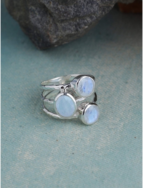 YoTreasure .925 Sterling Silver Natural Moonstone 3 Stone Bypass Ring