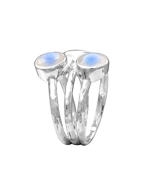 YoTreasure .925 Sterling Silver Natural Moonstone 3 Stone Bypass Ring