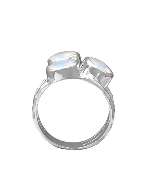 YoTreasure .925 Sterling Silver Natural Moonstone 3 Stone Bypass Ring