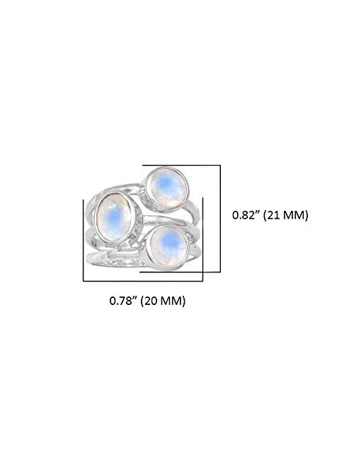 YoTreasure .925 Sterling Silver Natural Moonstone 3 Stone Bypass Ring