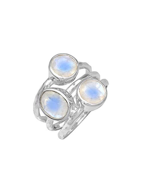 YoTreasure .925 Sterling Silver Natural Moonstone 3 Stone Bypass Ring