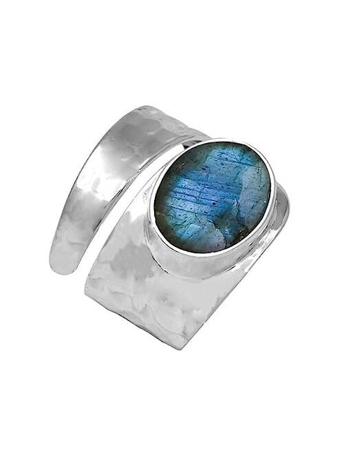 YoTreasure 10x12 MM Labradorite Bypass Ring Hammered .925 Sterling Silver