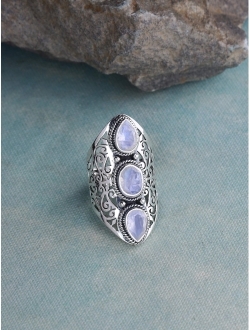 YoTreasure Moonstone Solid 925 Sterling Silver 3 Stone Ring Jewelry