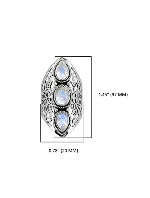 YoTreasure Moonstone Solid 925 Sterling Silver 3 Stone Ring Jewelry