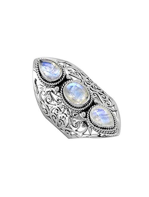 YoTreasure Moonstone Solid 925 Sterling Silver 3 Stone Ring Jewelry