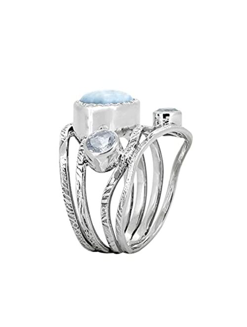 YoTreasure Natural Larimar Blue Topaz 925 Sterling Silver Antique Three Stone Bypass Ring