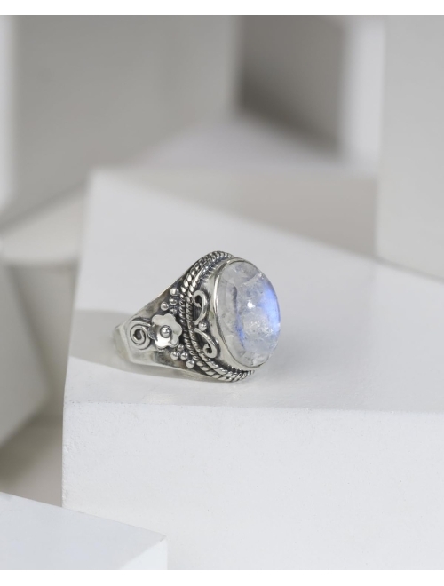 YoTreasure Rainbow Moonstone Scrollwork Ring Solid 925 Sterling Silver