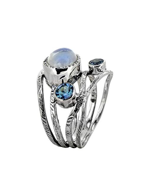 YoTreasure 8x10 MM Moonstone & London Blue Topaz Solid 925 Sterling Silver Bypass Ring