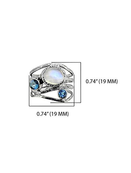 YoTreasure 8x10 MM Moonstone & London Blue Topaz Solid 925 Sterling Silver Bypass Ring