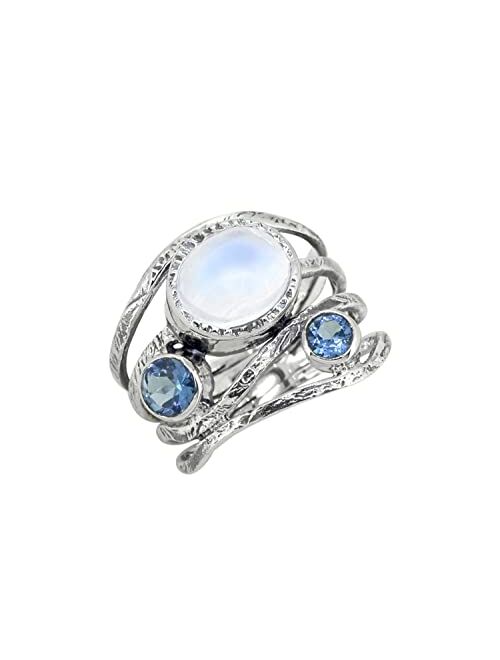 YoTreasure 8x10 MM Moonstone & London Blue Topaz Solid 925 Sterling Silver Bypass Ring