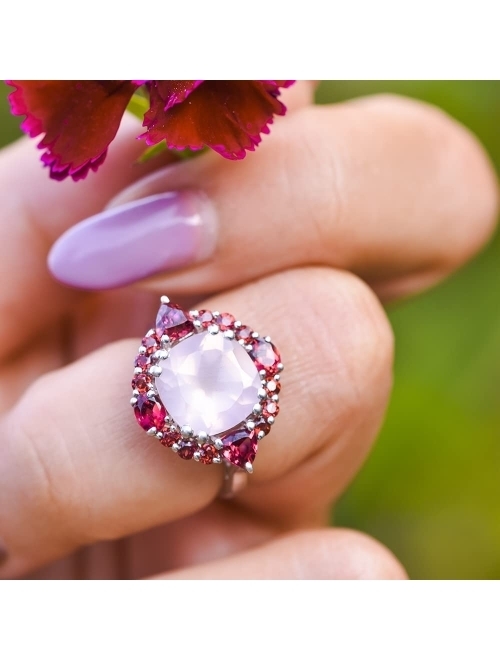 YoTreasure 5.65 ct. t.w Rose Quartz & Rhodolite .925 Sterling Silver Cluster Ring Jewelry