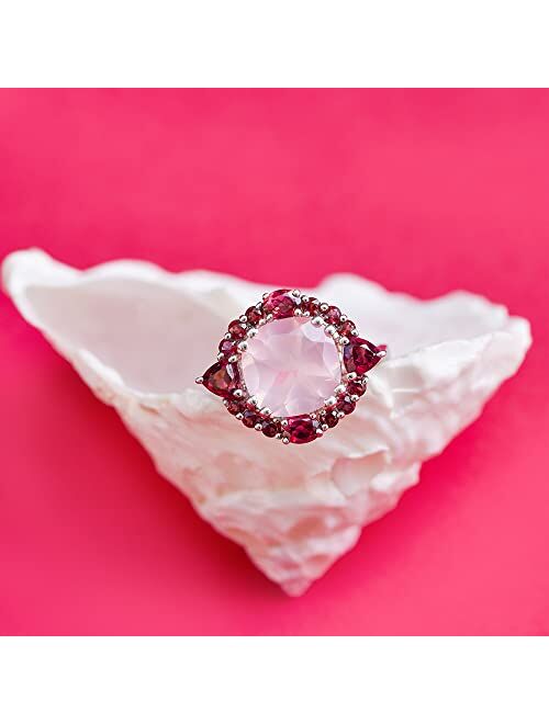 YoTreasure 5.65 ct. t.w Rose Quartz & Rhodolite .925 Sterling Silver Cluster Ring Jewelry