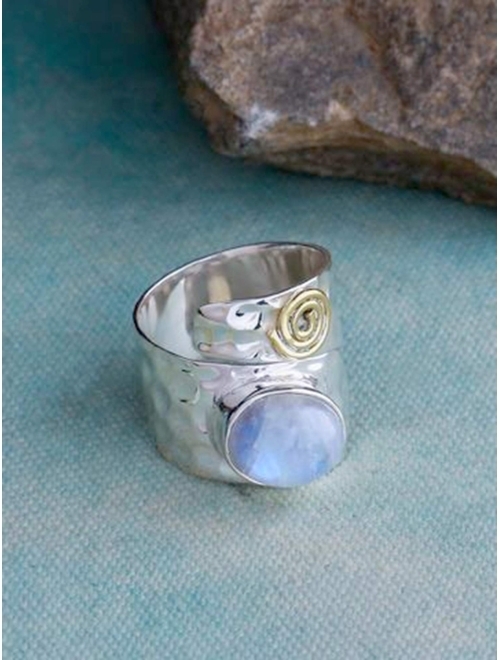 YoTreasure Natural Moonstone Chunky Ring .925 Sterling Silver Spiral Brass