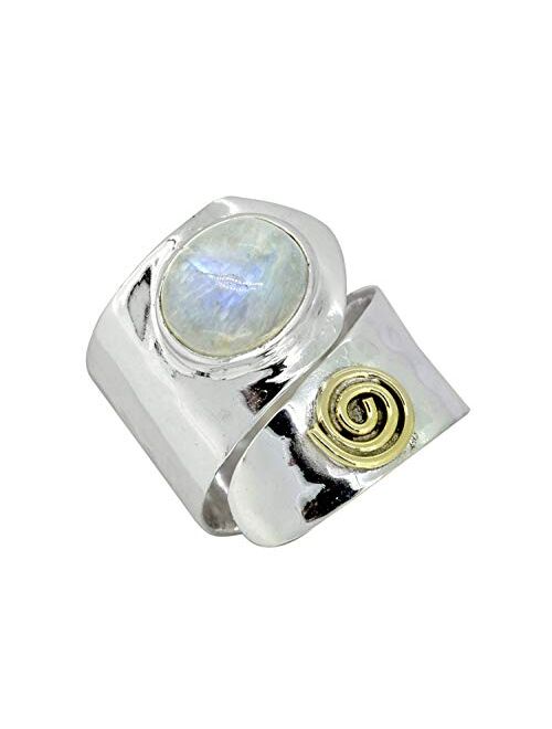 YoTreasure Natural Moonstone Chunky Ring .925 Sterling Silver Spiral Brass