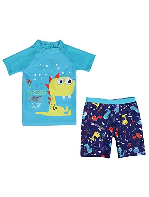 Liuone YAGATA Toddler Boys Two Piece Bathing Suits Short Sleeve Boys Swim Sets UPF50+ Sun Protection Dinosaur Swimwear