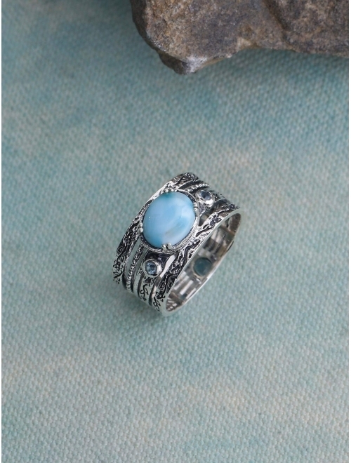 YoTreasure Larimar Swiss Blue Topaz 925 Sterling Silver Antique Three Stone Ring