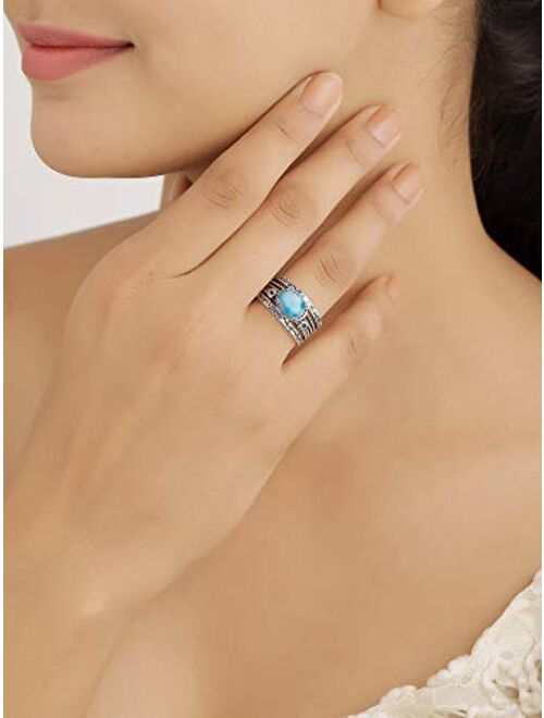 YoTreasure Larimar Swiss Blue Topaz 925 Sterling Silver Antique Three Stone Ring