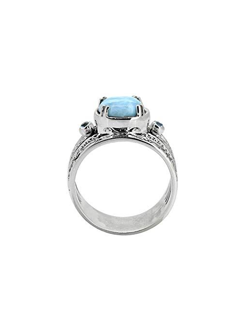 YoTreasure Larimar Swiss Blue Topaz 925 Sterling Silver Antique Three Stone Ring