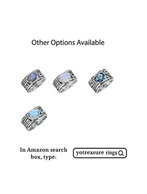 YoTreasure Larimar Swiss Blue Topaz 925 Sterling Silver Antique Three Stone Ring