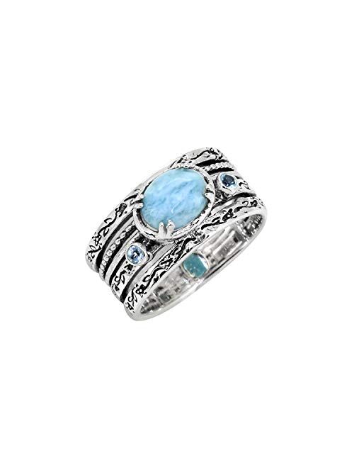 YoTreasure Larimar Swiss Blue Topaz 925 Sterling Silver Antique Three Stone Ring