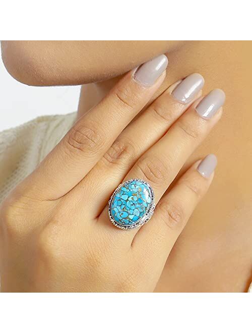 YoTreasure Blue Copper Turquoise Rope Design Ring Solid 925 Sterling Silver Gemstone Jewelry