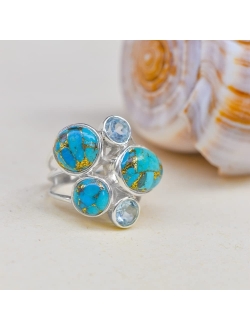 YoTreasure Blue Turquoise Topaz Solid 925 Sterling Silver Chunky Ring Jewelry