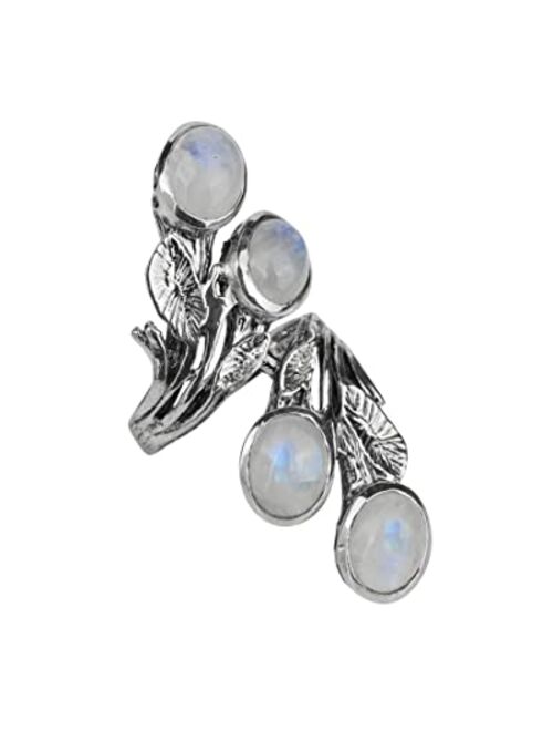 YoTreasure 7x9 MM Moonstone Solid .925 Sterling Silver Vintage Leaf Vine Bold Ring